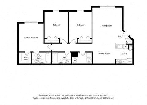 Floor plan for 3 beds, 2 baths, 1154 sqft